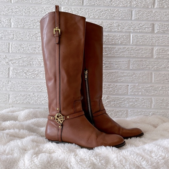 Coach Mulan Cognac Brown Leather KneeHigh Riding Boots/Gold Gold Accents/Emblem - Picture 2 of 7